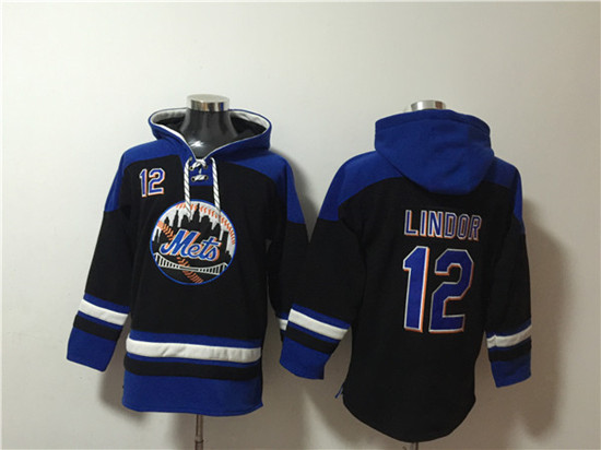 Men's New York Mets #12 Francisco Lindor Black/Blue Ageless Must-Have Lace-Up Pullover Hoodie